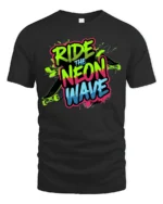 Ride The Neon Wave Skateboard Streetwear Graphic Tee - black t-shirt on white background