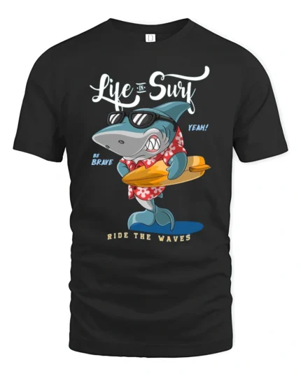 Cool Surfing Shark Hawaiian Shirt Sunglasses Graphic Tee - black t-shirt on white background