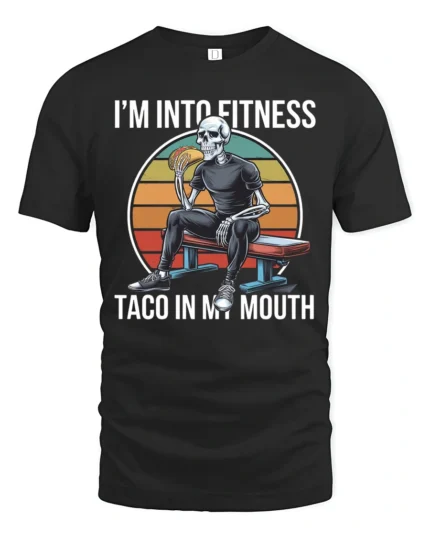 Funny Fitness Skeleton Taco In My Mouth Sunset Graphic Tee - black t-shirt on white background