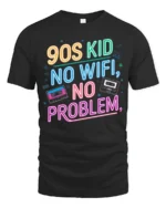 Nostalgic 90s Kid No Wifi No Problem Neon Cassette Tshirt - black t-shirt on white background