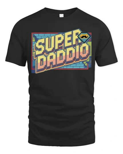 Retro Pixel Super Daddio Mustache Gamer Graphic Tshirt - black t-shirt on white background