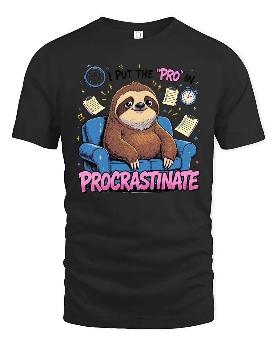 Humorous Lazy Sloth Procrastinate Couch Custom Graphic Tee - 1 Humorous Lazy Sloth Procrastinate Couch Custom Graphic Tee - black t-shirt on white background