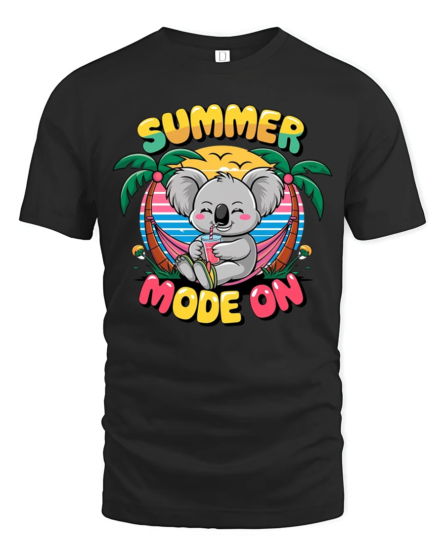 Happy Summer Mode On Koala Hammock Tropical Graphic Tee - 1 Happy Summer Mode On Koala Hammock Tropical Graphic Tee - black t-shirt on white background