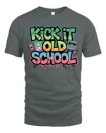 Vibrant Retro Kick It Old School Graffiti Graphic Tshirt - gray t-shirt on white background