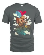Hipster Bearded Man Smoking Pipe Floating Cats Graphic Tee - gray t-shirt on white background