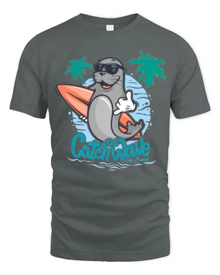 Cool Surfing Seal Catch The Wave Beach Graphic Tshirt - gray t-shirt on white background