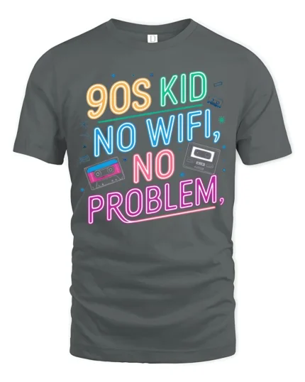 Nostalgic 90s Kid No Wifi No Problem Neon Cassette Tshirt - gray t-shirt on white background