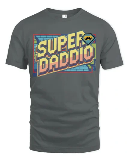 Retro Pixel Super Daddio Mustache Gamer Graphic Tshirt - gray t-shirt on white background