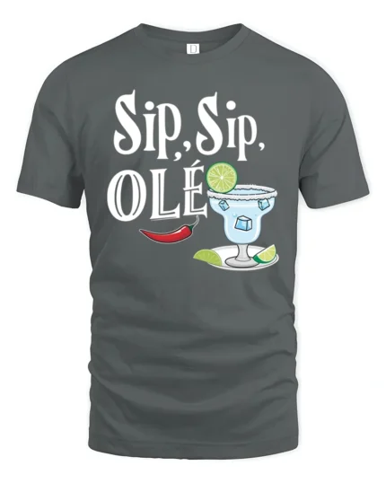 Festive Sip Sip Ole Margarita Cocktail Slogan Graphic Tee - gray t-shirt on white background