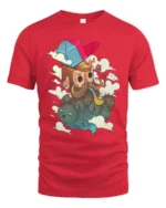 Hipster Bearded Man Smoking Pipe Floating Cats Graphic Tee - red t-shirt on white background