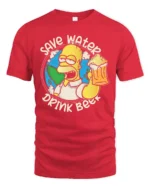 Save Water Drink Beer Character Earth Graphic Tshirt - red t-shirt on white background