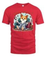 Corgi Dog Mayhem Morning Coffee Alarm Clock Graphic Tee - red t-shirt on white background