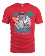 Cool Surfing Seal Catch The Wave Beach Graphic Tshirt - red t-shirt on white background