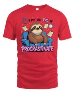 Humorous Lazy Sloth Procrastinate Couch Custom Graphic Tee - red t-shirt on white background