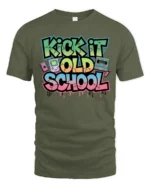Vibrant Retro Kick It Old School Graffiti Graphic Tshirt - military green t-shirt on white background