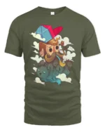 Hipster Bearded Man Smoking Pipe Floating Cats Graphic Tee - military green t-shirt on white background