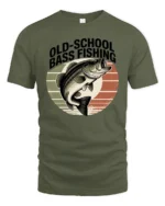 Retro Style Old School Bass Fishing Distressed Sunset Tshirt - military green t-shirt on white background