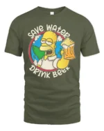 Save Water Drink Beer Character Earth Graphic Tshirt - military green t-shirt on white background
