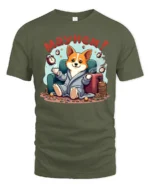 Corgi Dog Mayhem Morning Coffee Alarm Clock Graphic Tee - military green t-shirt on white background