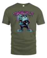 Urban Streetwear Frog Boombox Neon Typography Graphic Tee - military green t-shirt on white background