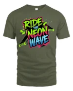 Ride The Neon Wave Skateboard Streetwear Graphic Tee - military green t-shirt on white background