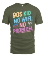 Nostalgic 90s Kid No Wifi No Problem Neon Cassette Tshirt - military green t-shirt on white background