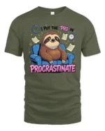 Humorous Lazy Sloth Procrastinate Couch Custom Graphic Tee - military green t-shirt on white background