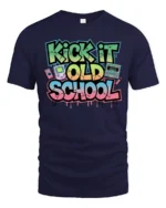 Vibrant Retro Kick It Old School Graffiti Graphic Tshirt - navy t-shirt on white background