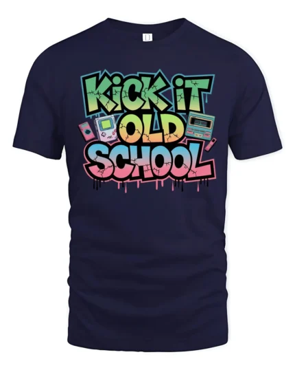 Vibrant Retro Kick It Old School Graffiti Graphic Tshirt - navy t-shirt on white background