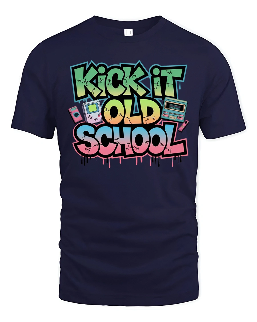 Vibrant Retro Kick It Old School Graffiti Graphic Tshirt - 1 Vibrant Retro Kick It Old School Graffiti Graphic Tshirt - navy t-shirt on white background