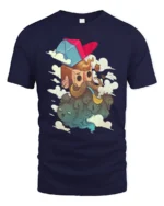 Hipster Bearded Man Smoking Pipe Floating Cats Graphic Tee - navy t-shirt on white background