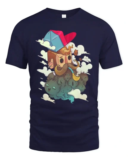 Hipster Bearded Man Smoking Pipe Floating Cats Graphic Tee - navy t-shirt on white background