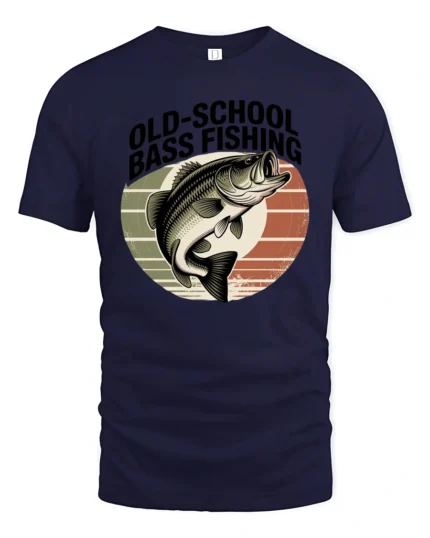 Retro Style Old School Bass Fishing Distressed Sunset Tshirt - navy t-shirt on white background