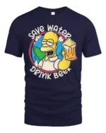 Save Water Drink Beer Character Earth Graphic Tshirt - navy t-shirt on white background