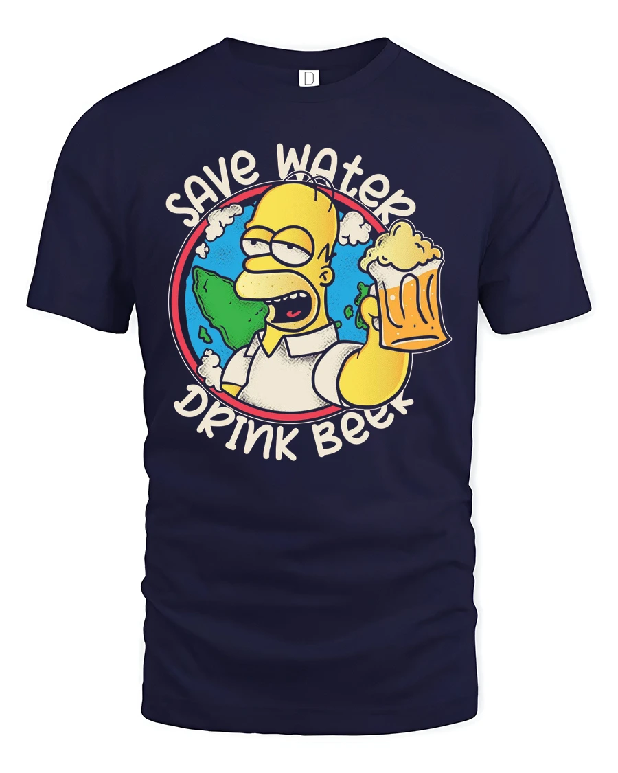 Save Water Drink Beer Character Earth Graphic Tshirt - 1 Save Water Drink Beer Character Earth Graphic Tshirt - navy t-shirt on white background