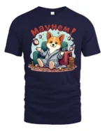 Corgi Dog Mayhem Morning Coffee Alarm Clock Graphic Tee - navy t-shirt on white background