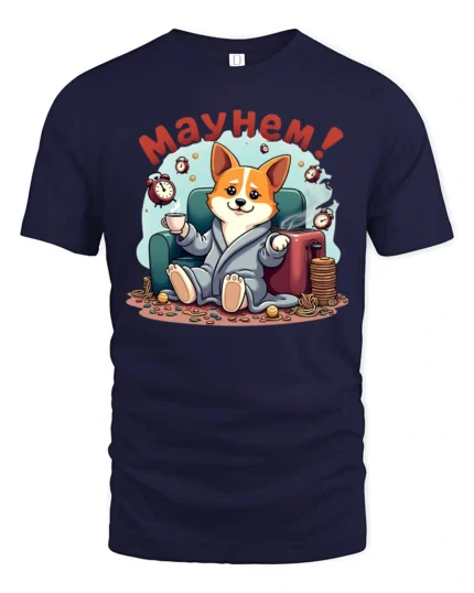 Corgi Dog Mayhem Morning Coffee Alarm Clock Graphic Tee - navy t-shirt on white background