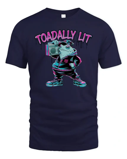 Urban Streetwear Frog Boombox Neon Typography Graphic Tee - navy t-shirt on white background