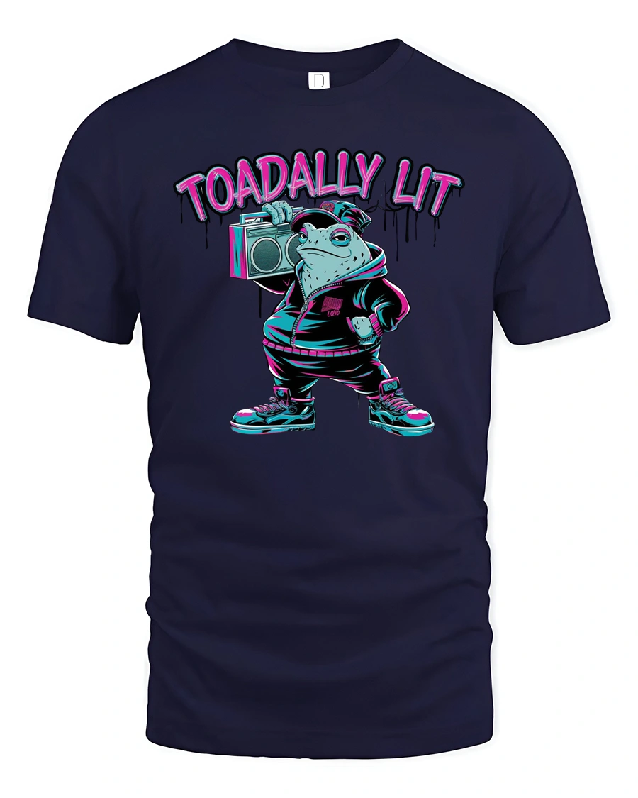 Urban Streetwear Frog Boombox Neon Typography Graphic Tee - 1 Urban Streetwear Frog Boombox Neon Typography Graphic Tee - navy t-shirt on white background