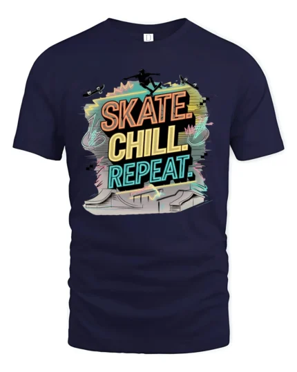 Vibrant Neon Skate Chill Repeat Pastel Gradient Tshirt - navy t-shirt on white background