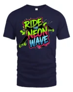 Ride The Neon Wave Skateboard Streetwear Graphic Tee - navy t-shirt on white background