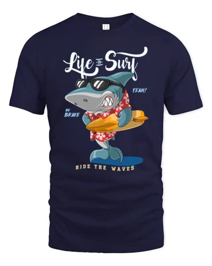 Cool Surfing Shark Hawaiian Shirt Sunglasses Graphic Tee - navy t-shirt on white background
