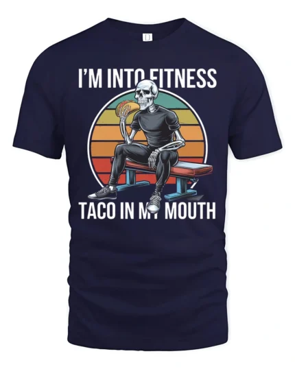 Funny Fitness Skeleton Taco In My Mouth Sunset Graphic Tee - navy t-shirt on white background