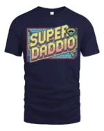 Retro Pixel Super Daddio Mustache Gamer Graphic Tshirt - navy t-shirt on white background