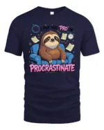 Humorous Lazy Sloth Procrastinate Couch Custom Graphic Tee - navy t-shirt on white background