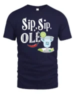 Festive Sip Sip Ole Margarita Cocktail Slogan Graphic Tee - navy t-shirt on white background