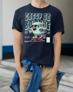 Funny Creep On Rolling Ghost Skateboard Graphic Tshirt - model wearing navy tee with hands in pockets