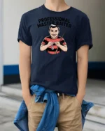 Professional Master Baiter Fishing Retro Comic Custom Tshirt - model wearing navy tee with hands in pockets