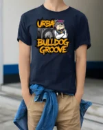 Urban Bulldog Groove Subwoofer Stereo Hip Hop Graphic Tee - model wearing navy tee with hands in pockets