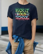 Vibrant Retro Kick It Old School Graffiti Graphic Tshirt - model wearing navy tee with hands in pockets